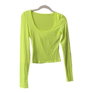 Juniors Cropped Neon Lime Yellow Long Sleeve Scoop Neck Lightweight Size XXS